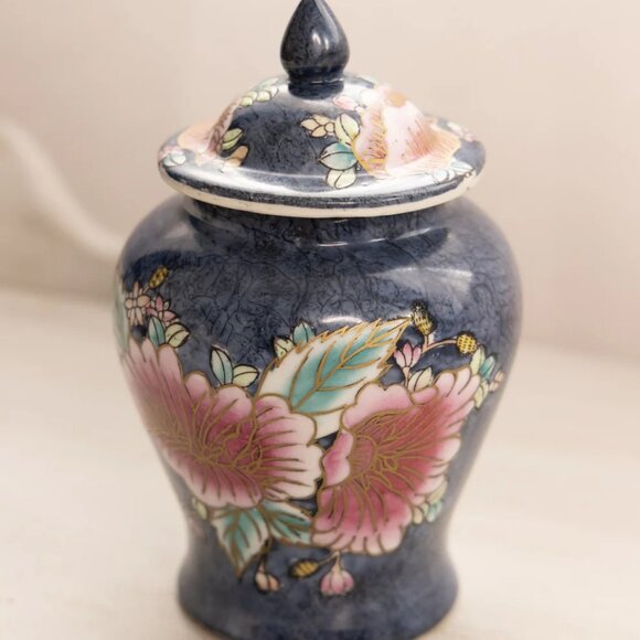 Small Blue Ceramic Lidded Ginger Jar with Gold Pink Green Floral Designs - Picture 2 of 5